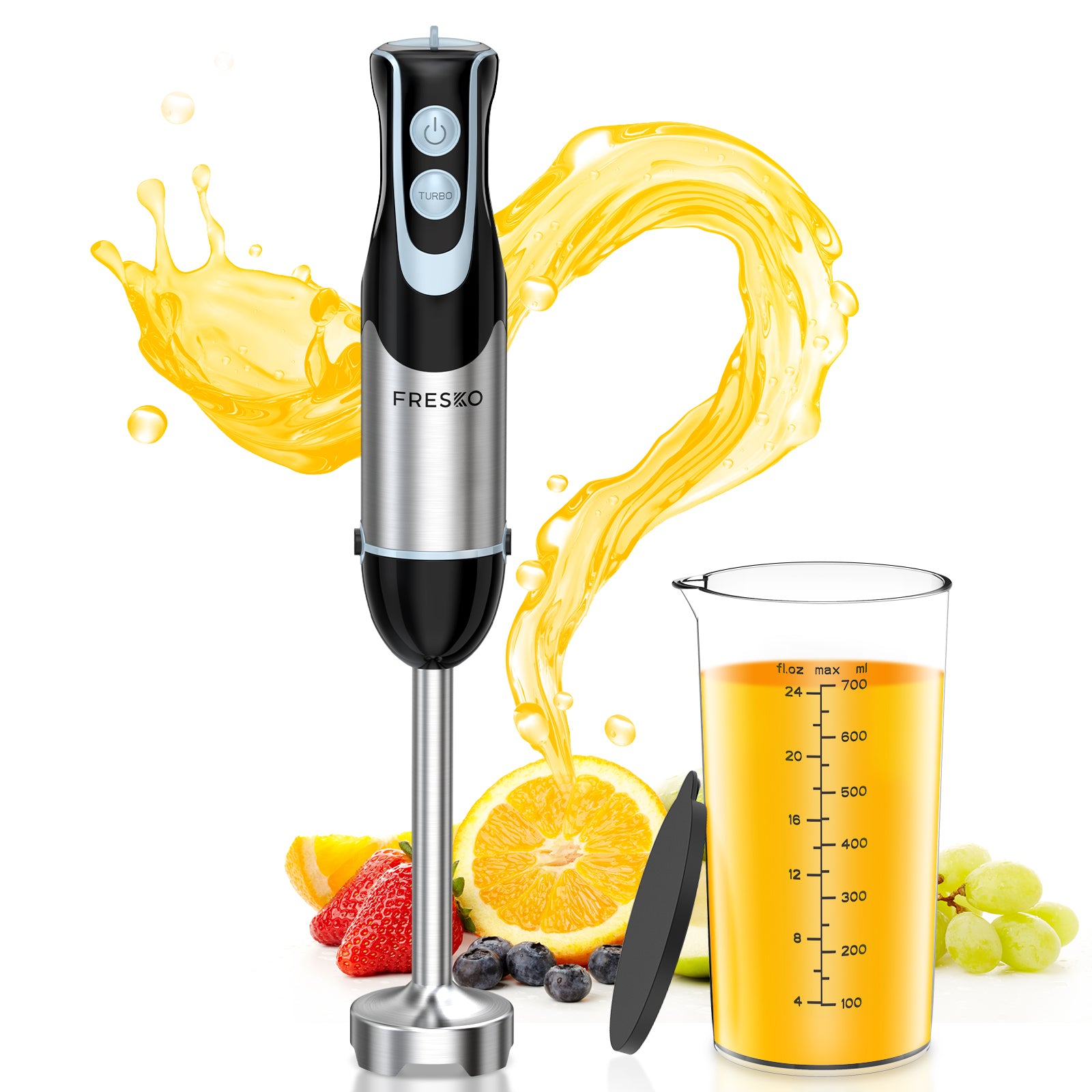  FRESKO Immersion Hand Blender 4-in-1, 500W Powerful Stainless  Steel Emulsion Blender Handheld with 12-Speeds & Turbo Mode, Includes  Measuring Cup, Chopper & Whisk, Ideal for Blending Soups & Smoothies: Home 